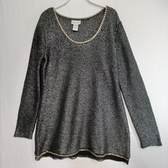 Soft Surroundings Sweater Black Metallic Gold Tone Chain Chiffon Hem Womens Med - Picture 9 of 9